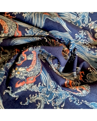 Tela dobby japonés Dragones pequeños y olas en azul.