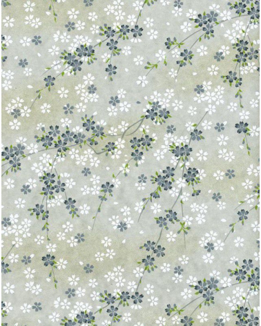 Papel Chiyogami pequeñas sakuras blancas y grises sobre fondo gris.