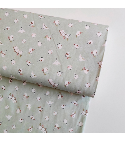 Japanese 'Little birds' cotton fabric in light mint green.