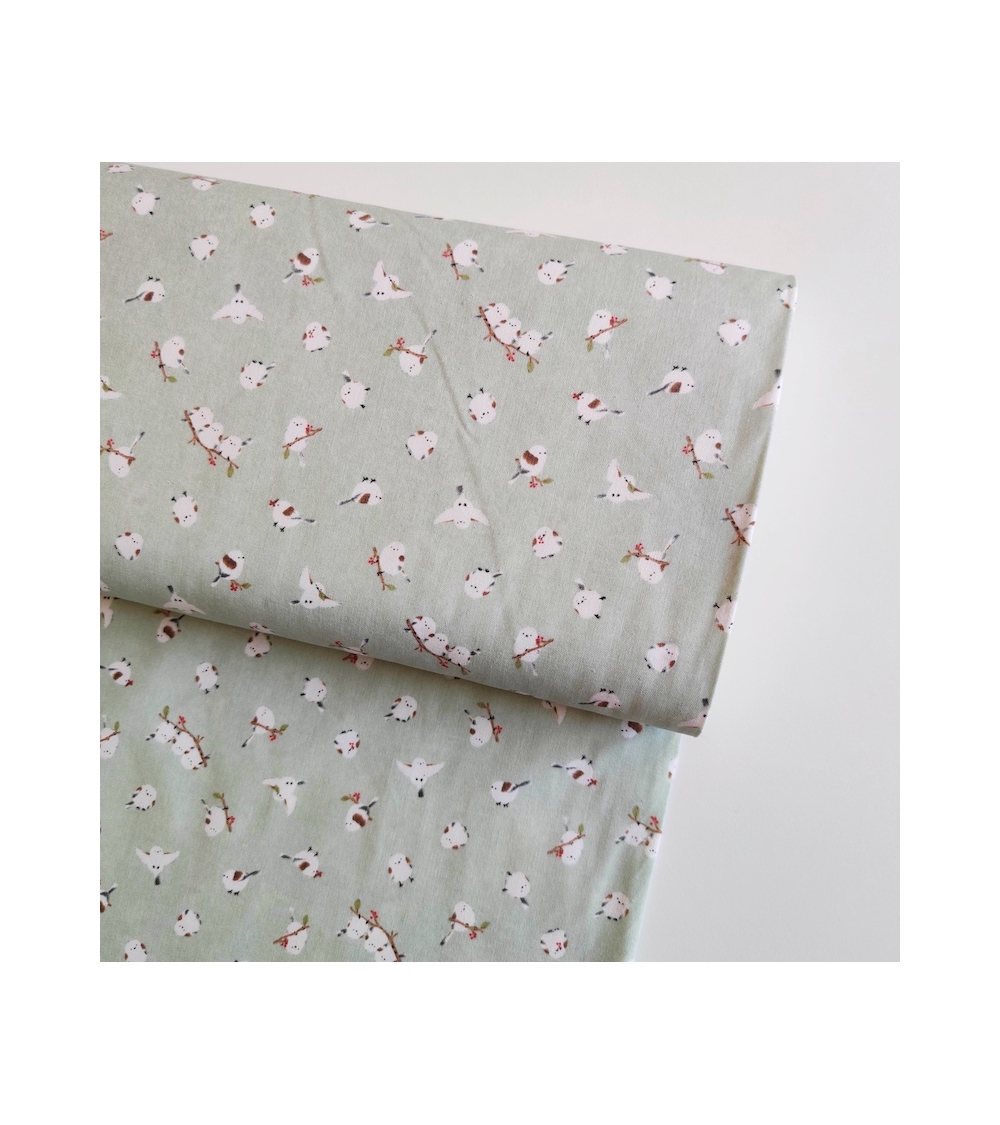 Japanese 'Little birds' cotton fabric in light mint green.