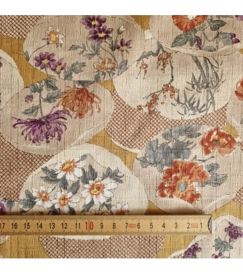 Japanese fabric "Kaiawase" with mustard background, in 100% cotton dobby.