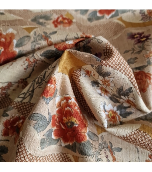 Japanese fabric "Kaiawase" with mustard background, in 100% cotton dobby.