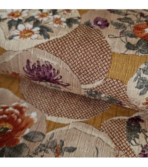 Japanese fabric "Kaiawase" with mustard background, in 100% cotton dobby.