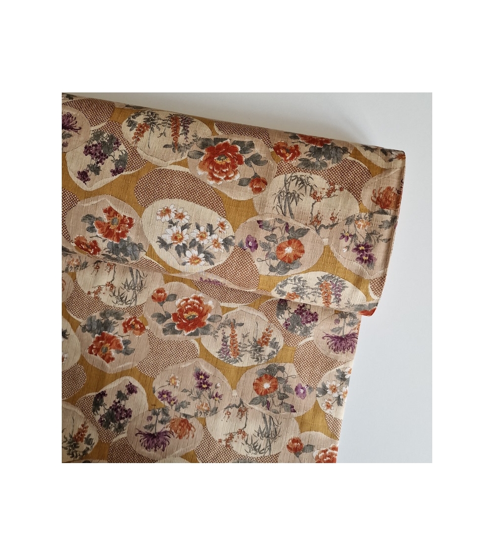 Japanese fabric "Kaiawase" with mustard background, in 100% cotton dobby.