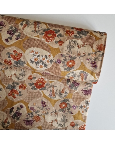 Japanese fabric "Kaiawase" with mustard background, in 100% cotton dobby.