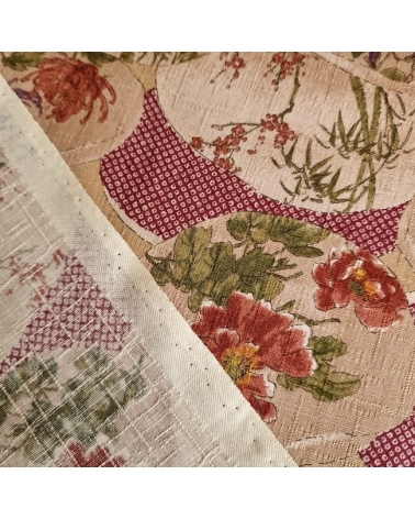 Japanese fabric "Kaiawase" with cherry red background, in 100% cotton dobby.