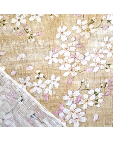 Japanese fabric "Sakuras" with beige background, in cotton dobby.