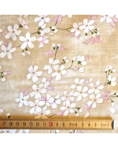 Japanese fabric "Sakuras" with beige background, in cotton dobby.