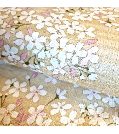 Japanese fabric "Sakuras" with beige background, in cotton dobby.