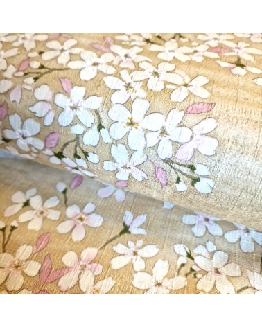 Japanese fabric "Sakuras" with beige background, in cotton dobby.