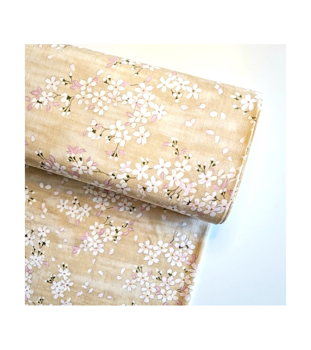 Japanese fabric "Sakuras" with beige background, in cotton dobby.