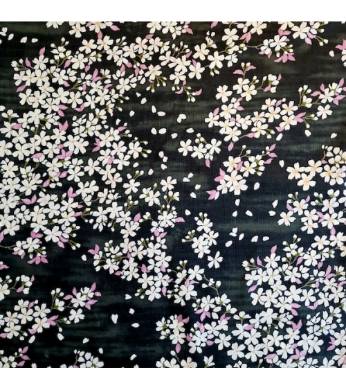 Tela japonesa "Sakuras" con fondo negro, en dobby de algodón