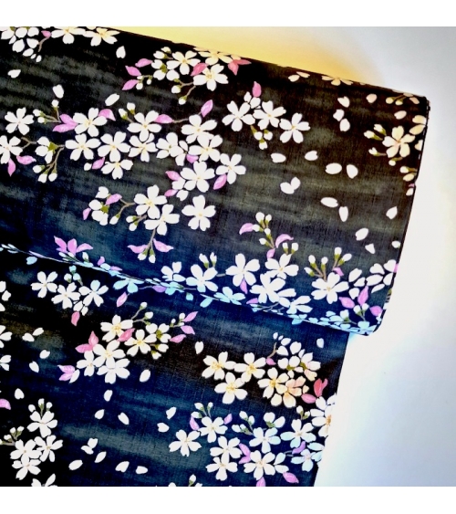 Tela japonesa "Sakuras" con fondo negro, en dobby de algodón