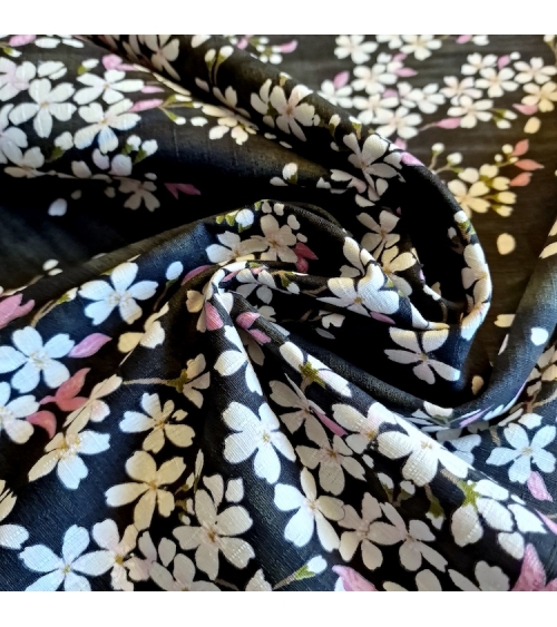 Japanese fabric "Sakuras" with black background, in cotton dobby.