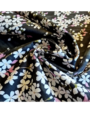 Japanese fabric "Sakuras" with black background, in cotton dobby.