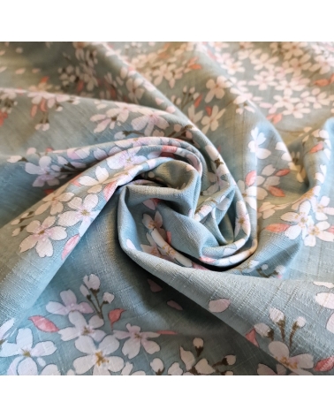 Tela japonesa "Sakuras" con fondo aqua, en dobby de algodón