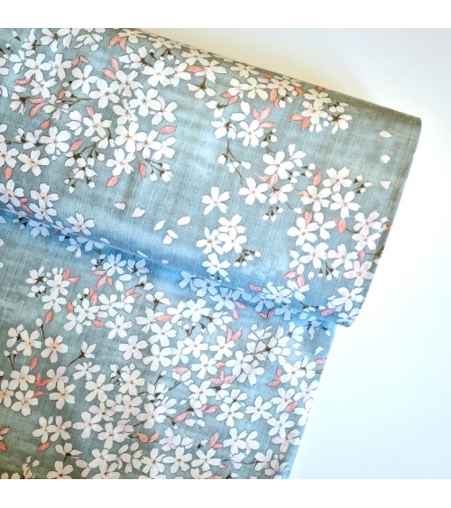 Tela japonesa "Sakuras" con fondo aqua, en dobby de algodón