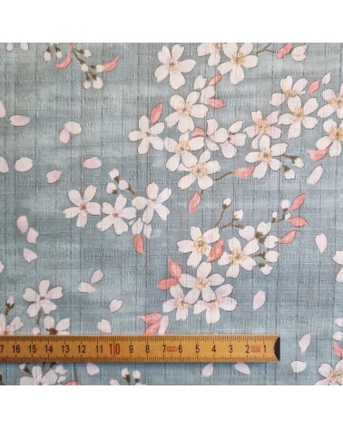 Tela japonesa "Sakuras" con fondo aqua, en dobby de algodón