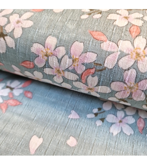 Tela japonesa "Sakuras" con fondo aqua, en dobby de algodón