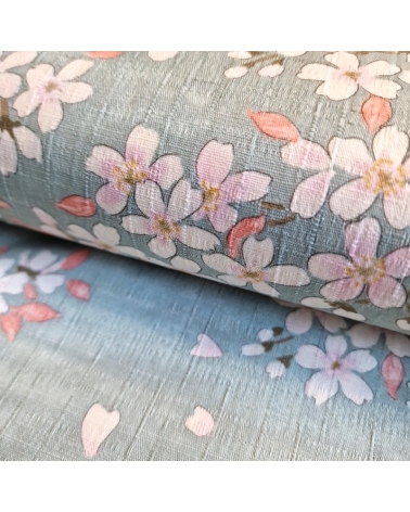 Tela japonesa "Sakuras" con fondo aqua, en dobby de algodón
