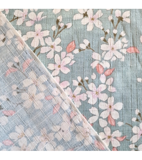 Tela japonesa "Sakuras" con fondo aqua, en dobby de algodón