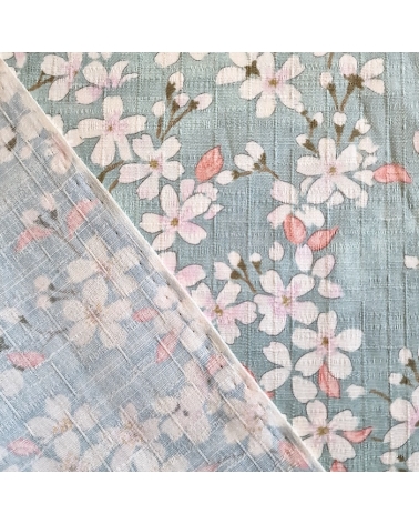 Tela japonesa "Sakuras" con fondo aqua, en dobby de algodón