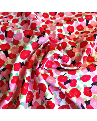 Japanese fabric "Kuro neko to tsubaki" (Black cat and camellias) with ivory background in 100% cotton