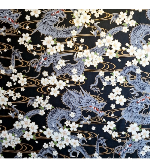 Tela japonesa "Ryu to sakura" (Dragón y flor de cerezo) en negro. Algodón 100%