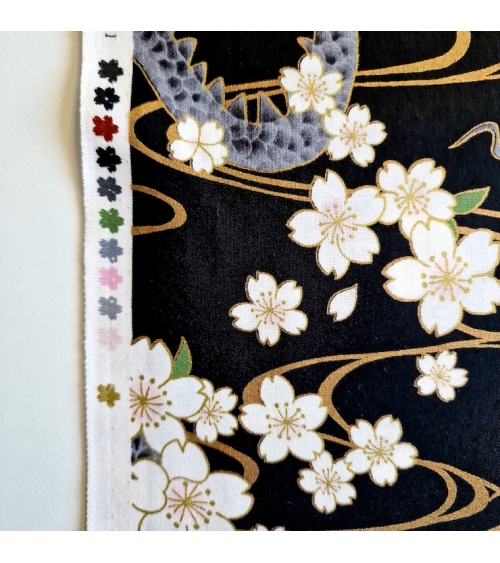 Japanese fabric "Ryu to sakura" (Dragon and cherry blossom) in black. 100% cotton.