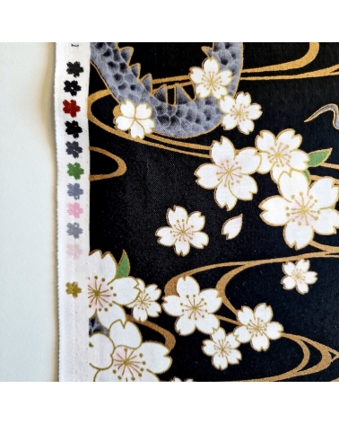 Japanese fabric "Ryu to sakura" (Dragon and cherry blossom) in black. 100% cotton.