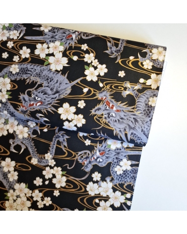 Japanese fabric "Ryu to sakura" (Dragon and cherry blossom) in black. 100% cotton.