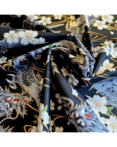 Japanese fabric "Ryu to sakura" (Dragon and cherry blossom) in black. 100% cotton.