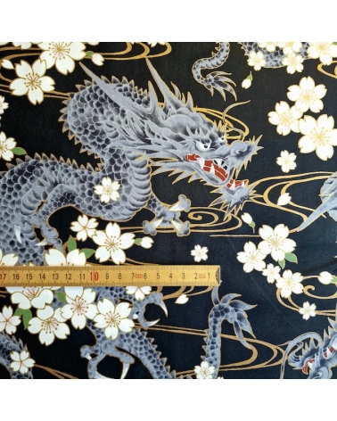 Japanese fabric "Ryu to sakura" (Dragon and cherry blossom) in black. 100% cotton.