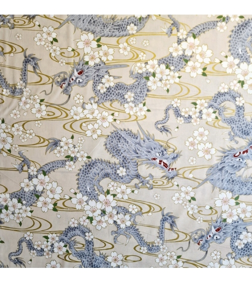 Japanese fabric "Ryu to sakura" (Dragon and cherry blossom) in ivory. 100% cotton.