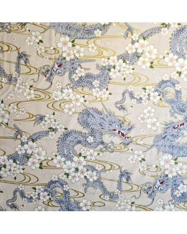 Japanese fabric "Ryu to sakura" (Dragon and cherry blossom) in ivory. 100% cotton.