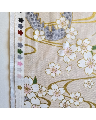 Japanese fabric "Ryu to sakura" (Dragon and cherry blossom) in ivory. 100% cotton.