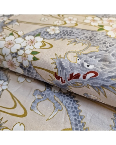 Japanese fabric "Ryu to sakura" (Dragon and cherry blossom) in ivory. 100% cotton.