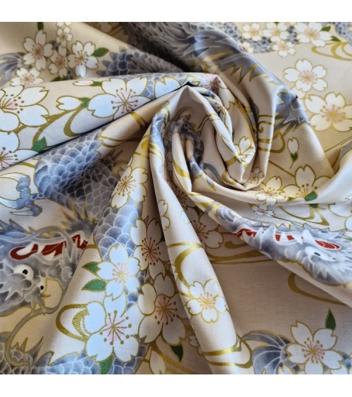 Japanese fabric "Ryu to sakura" (Dragon and cherry blossom) in ivory. 100% cotton.
