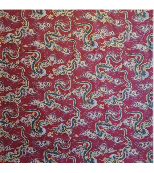 Japanese fabric 'Flying dragons' in burgundy red. 100% cotton.