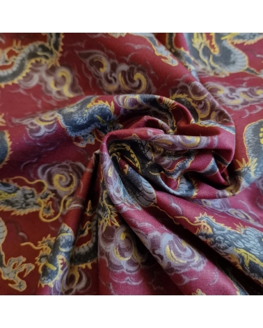 Japanese fabric 'Flying dragons' in burgundy red. 100% cotton.