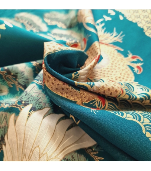 UNIT: 60 CM. Japanese fabric "Dragon and crane" in bluish green.