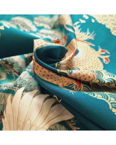 UNIT: 60 CM. Japanese fabric "Dragon and crane" in bluish green.