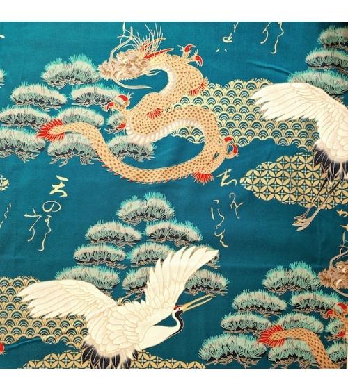 60CM. Tela japonesa "Dragón y grulla" en verde azulado