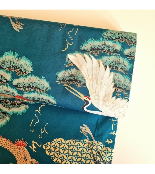 UNIT: 60 CM. Japanese fabric "Dragon and crane" in bluish green.