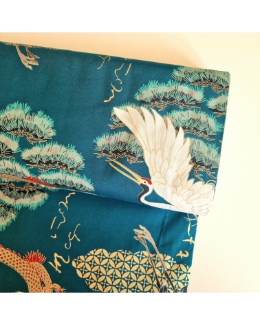 UNIT: 60 CM. Japanese fabric "Dragon and crane" in bluish green.