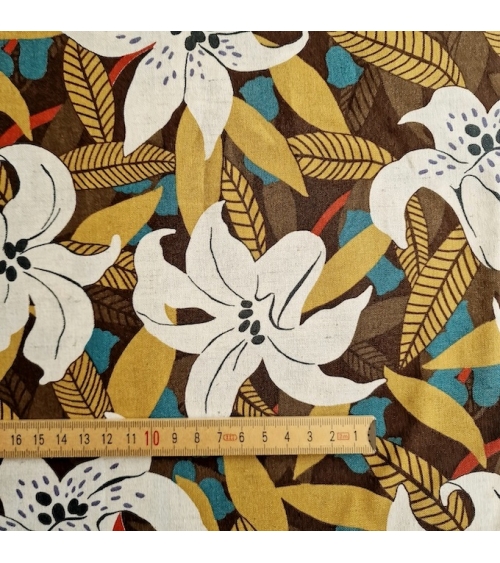 Tela japonesa algodón-lino con flores de lirio exótico en tostados