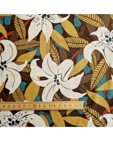 Tela japonesa algodón-lino con flores de lirio exótico en tostados