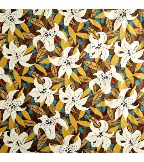 Tela japonesa algodón-lino con flores de lirio exótico en tostados