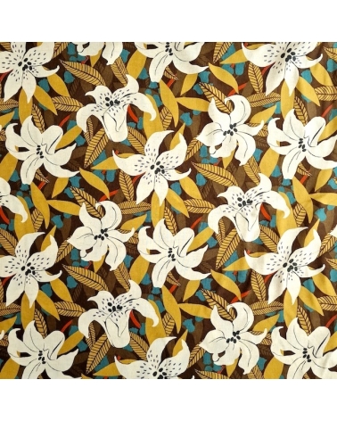 Tela japonesa algodón-lino con flores de lirio exótico en tostados