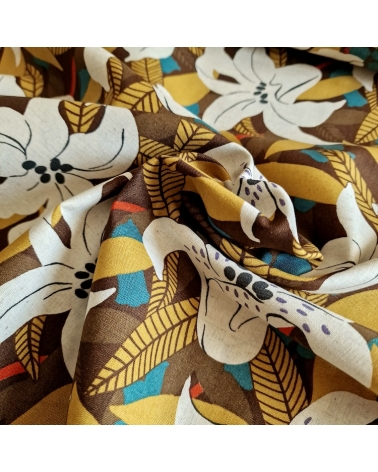 Tela japonesa algodón-lino con flores de lirio exótico en tostados